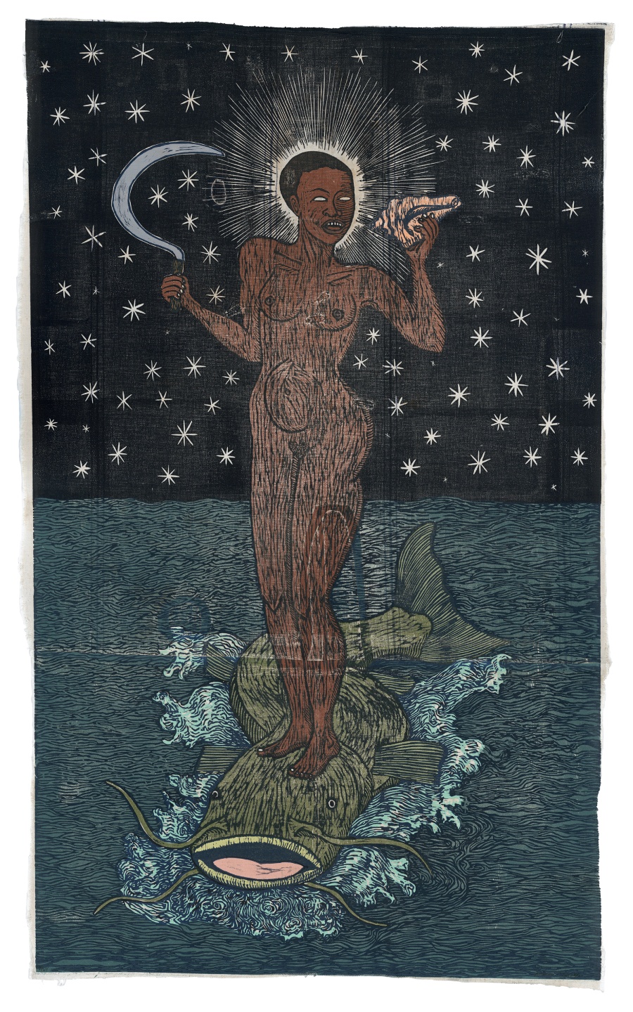 Alison Saar, 'Mutiny of the Sable Venus,' 2024. Woodcut print on vintage seed sack, 64 x 38 3/4 in. Editioned in black ink 17/24